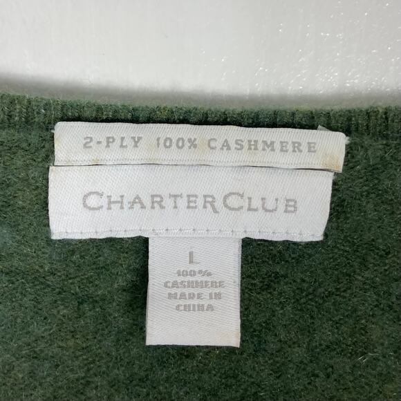 CHARTER CLUB Sweater L Green V-Neck 2-Ply Cashmere Long Sleeve Ribbed Trim - Picture 3 of 6